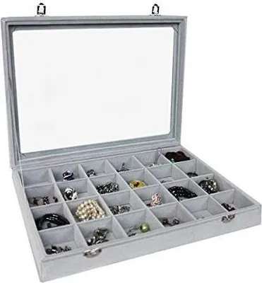 Produktbild von Schmuckkasten Schmucklade Schaukasten Schmuckdisplay mit Glasdeckel 24 Fächer grau