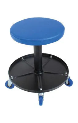 A blue and black rolling stool with a tool tray.