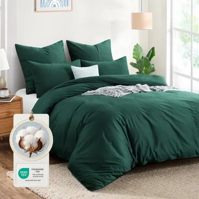 Imagen del producto de TRANKIELO® - Juego de ropa de cama de 3 piezas - Algodón, 220x240 cm, Verde oscuro,  Oeko-Tex, Con cierre de cremallera