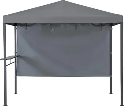 A gray gazebo with a side shelf and a fabric panel.