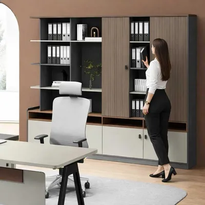 Obrázek produktu pro Kancelářský nábytek – kancelářská skříň, moderní dřevěná skříň na dokumenty, designová, šedá