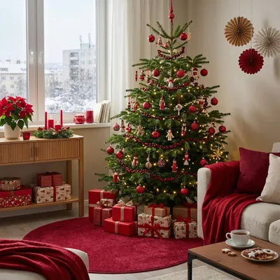 Productafbeelding van 160x160 cm (diameter) rond kersttapijt, Eton, bordeauxrood, rood, polypropyleen