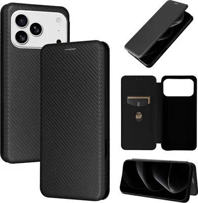 Produktbild von Für Apple iPhone 17 Pro Carbon Faser Hybrid Kunstleder Flip Schutz Hülle Schwarz