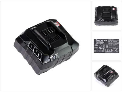 A black battery charger is shown from multiple angles, with a label providing product information.