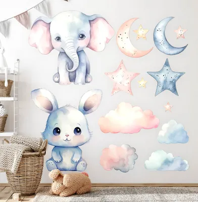 Produktbild von Pastellfarbene Tiere – Wandgestaltung – Wandbilder Kinder – Motivtapeten Set – Wanddekor Kinderzimmer – Selbstklebende Wandsticker – 100x172 cm