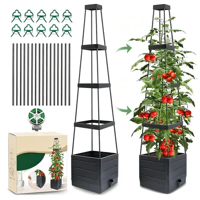 Produktbild von Tomatentopf mit Rankhilfe, 1 Stück 140 cm Selbstbewässerung Tomaten Rankhilfe Tomatenturm mit Wasserspeicher, Tomaten Pflanzkästen, Blumenkasten