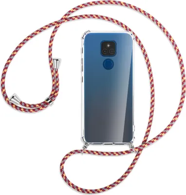 Produktbild von Handykette Backcover-Schutzhülle mit Band (Metall silberfarben) für Motorola Moto E7 Plus - weinrot/gelb/grau