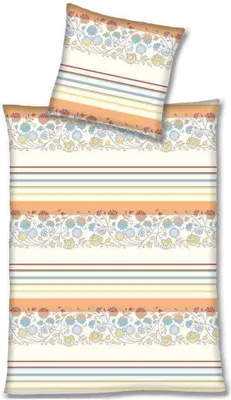 Image de Parure de lit Magita en microfibre, orange et blanc à motifs floraux, avec housse de couette et taie d'oreiller à fermeture éclair, 135 x 200 cm