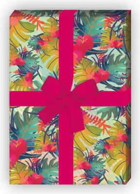 Produktbild von Urwald Geschenkpapier mit Blüten und Blättern in grün rot - G6295, 32 x 48cm