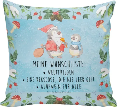 Produktbild von Mr. & Mrs. Panda Sofakissen 40x40 Pinguin Wunschliste - Eisblau - Geschenk, Polster, Deko Kissen, bedruckt, Sofa, Kopfkissen, für, Weihnachten