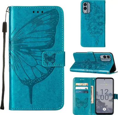 Produktbild von Lederhülle für Nokia X30 Schmetterling Prägung Flip Ledertasche Kartenfächer Handyhülle mit Ständer Blau