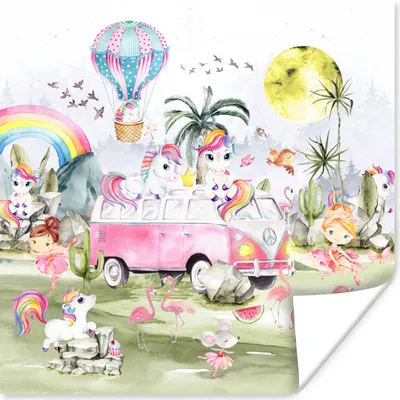 Produktbild von MuchoWow® Poster Einhorn - Regenbogen - Kinder - Mädchen - Auto 50x50 cm - Wohnzimmerdekoration