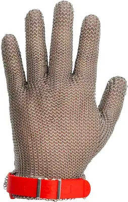 Productafbeelding van Beschermhandschoenen Arcos 615300, roestvrij staal, 25 cm, maat 3-M, met rode band, verpakt in een doos