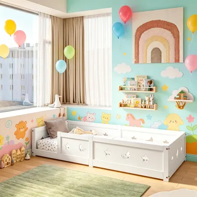 Produktbild von INONEFT Kinderbett 140x200 cm,Einzelbett mit Rausfallschutz und Lattenrost,Bodenbett,ohne Matratze,Weiß