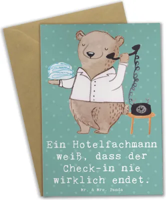 Produktbild von Mr. & Mrs. Panda Glückwunschkarte Hotelfachmann Lebensweisheit - Meeresbrise - Geschenk, Flexibilität, Grußkarten, Check-in endet nie, 24/7-Service, Berufe, osterkarte