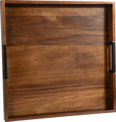 Produktbild von Serviertablett aus Akazienholz mit Metallgriffen, großes, rechteckiges Holztablett (50,8 x 50,8 x 5 cm)