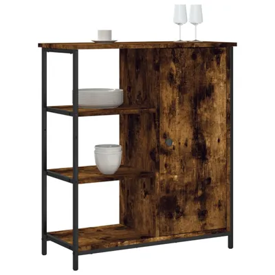 A sideboard with shelves and a cabinet door, displaying kitchenware and glassware on top.