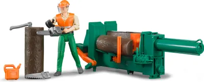 A toy set depicting a lumberjack and forestry equipment.