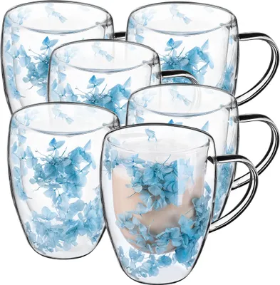 Produktbild von KADAX Doppelwandige Kaffeegläser 350ml, 6 Set, Blau, Thermogläser für Tee & Kaffee, Teegläser aus Borosilikatglas, Kaffeetasse mit getrockneten Blumen, Teetasse