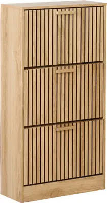 Produktbild von BELIANI Schuhschrank Hellbraun Holz u. MDF-Platte Holzoptik Lamellen-Optik Halbhoch mit 3 Klapptüren Skandi Schuhkipper Flur Ankleide Diele Garderobe