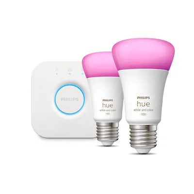 Produktbild von Hue White & Color Ambiance Starter-Set: E27 - Smarte Lampe A60 Doppelpack inklusive Hue Bridge