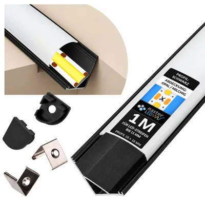 Obrázek produktu pro MasterLED, LED rohová lišta, 1 metr, černá, 16 x 16 mm, s opálovým difuzorem a upevňovacími sponami