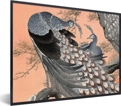 Produktbild von MuchoWow® Gerahmtes Poster Federn - Pfau - Vintage - Japanisch 80x60 cm - Poster mit Schwarzem Bilderrahmen Wandposter Rahmen Foto Bilder - Schwarzem - Mit Gestell