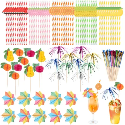 Produktbild von Cocktail Deko Set - 100-teilig mit Feuerwerk-Sticks, Schirmchen und Papier-Strohhalmen - Zur Dekoration von Getränken und Speisen - Mehrfarbig