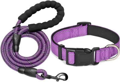 Produktbild von Reflektierendes Hundehalsband und Leinen-Set, Verstellbares Nylonhalsband, Lila, Für Mittelgroße und Große