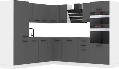 Image de Belini Kitchenette bloc cuisine forme L STACY Meubles de cuisine avec poignées, cuisine intégrée sans électroménager avec meubles hauts et bas, avec plans de travail, argent mat