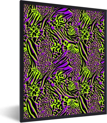 Produktbild von MuchoWow® Gerahmtes Poster Tiermuster - Muster - Lila - Neon 60x80 cm - Poster mit Schwarzem Bilderrahmen Wandposter Rahmen Foto Bilder - Premium - Wanddeko Wohnzimmer