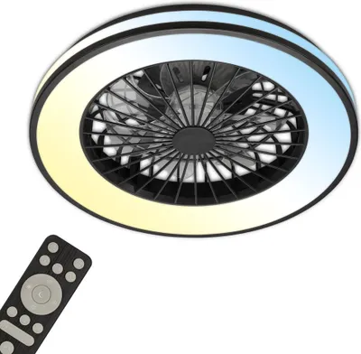 A ceiling fan with integrated LED lighting and a remote control.