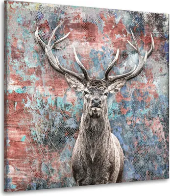Produktbild von Abstrakt Hirsch schön Tier Leinwandbild Wandbild Kunst XL Deko: 120x120x4cm