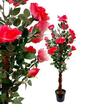 Produktbild von McPalms Rosenbaum 120 cm hellrot künstlich wie echt Kunstrose Kunstbaum Kunstblume Kunstpflanze  Rose Blüte Deko