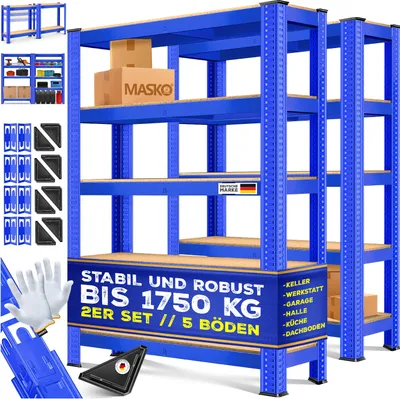 A blue metal shelving unit with wooden shelves, displaying boxes and other items, along with marketing text and accessories.