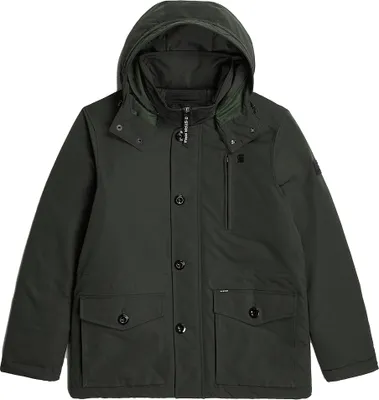 A dark green hooded jacket is shown against a white background.