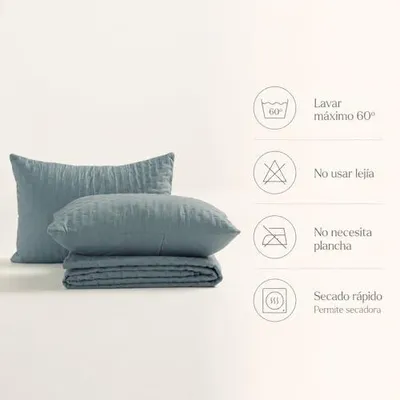 Imagen del producto de Manta de cama GAMUSI, 250x270 cm, color azul, acolchada, con 2 fundas de almohada. Manta de poliéster suave y ligera