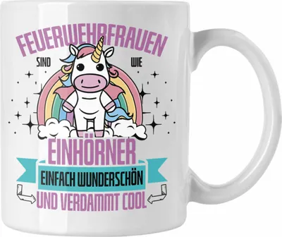 Produktbild von Trendation - Lustige Feuerwehrfrau Tasse Geschenk für Frauen in der Feuerwehr Einhörner (Weiß)
