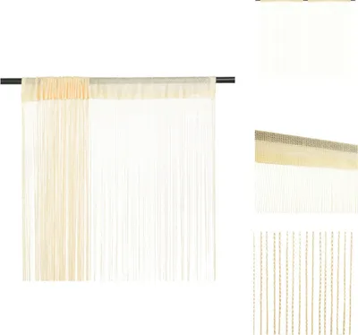 A product image showing multiple views of cream-colored string curtains hanging from a rod.