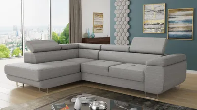 Produktbild von Ecksofa Caris mit Schlaffunktion und einstellbare Kopfstützen, Cord Stoff, Wohnlandschaft mit Bettkasten, Couch, Sofa, Bettsofa (Grau (Poso 110), Ecksofa Links)