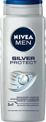 A Nivea Men Silver Protect shower gel bottle against a white background.