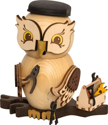 Produktbild von Drechslerei Kuhnert - Räucherfigur Eule als Handwerker - Größe ca. 15cm, für Räucherkerzen Größe M (Standard) - 37218