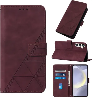 Produktbild von Galaxy S25 Hülle, Schlank Prägung Leder Kartenfächer Schutzhülle mit Ständer für Samsung Galaxy S25 Rot