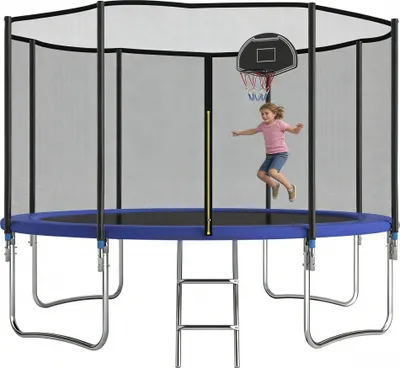 Obrázok produktu pre Vonkajšia trampolína, okrúhla záhradná trampolína s bezpečnostnou sieťou, so zosilnenými priečnymi nosníkmi nôh, stabilná, robustná a odolná, pre deti aj dospelých, Upozornenie: Používať iba pod dohľadom dospelých., tmavomodrá, 366 cm