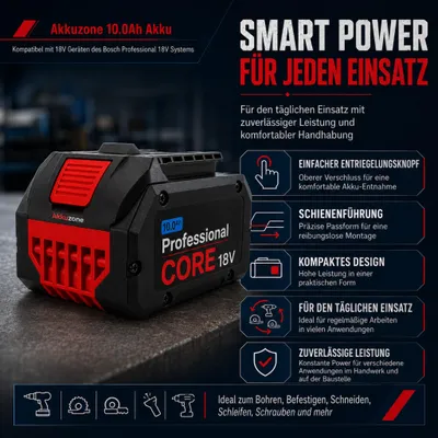 Produktbild von 10,0Ah 18V Li-Ion Akku kompatibel mit Bosch Professional – Hochleistungsakku für ProCORE & GBA 18V Geräte mit LED-Anzeige