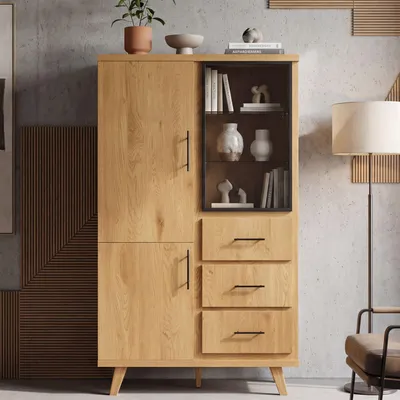 Produktbild von FineBuy Hochschrank MDF 188cm Eiche Groß Türen und Schubladen Standschrank Mehrzweckschrank Holzoptik Wohnzimmerschrank Esszimmerschrank mit Regal