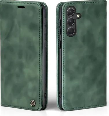 A green flip case for a Samsung Galaxy A55 5G phone is shown from two angles.