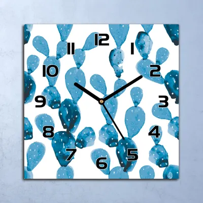 Produktbild von Wanduhr Echt-Glas-Küchenuhr Blaue Kakteen Quarz Lautlos 30x30 Deko Bilder