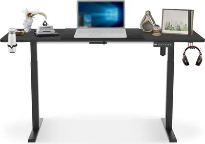 Produktbild von TRMLBE Höhenverstellbarer Schreibtisch 140x60cm Gaming Tisch mit Typ-C Ladeanschluss, Getränkehalter und Kopfhörerhalterung Elektrisch Verstellbarer Büro Tisch, Schwarz