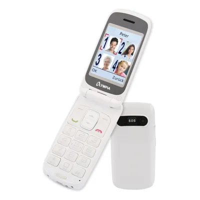 A white flip phone and a separate white SOS device are shown against a white background.